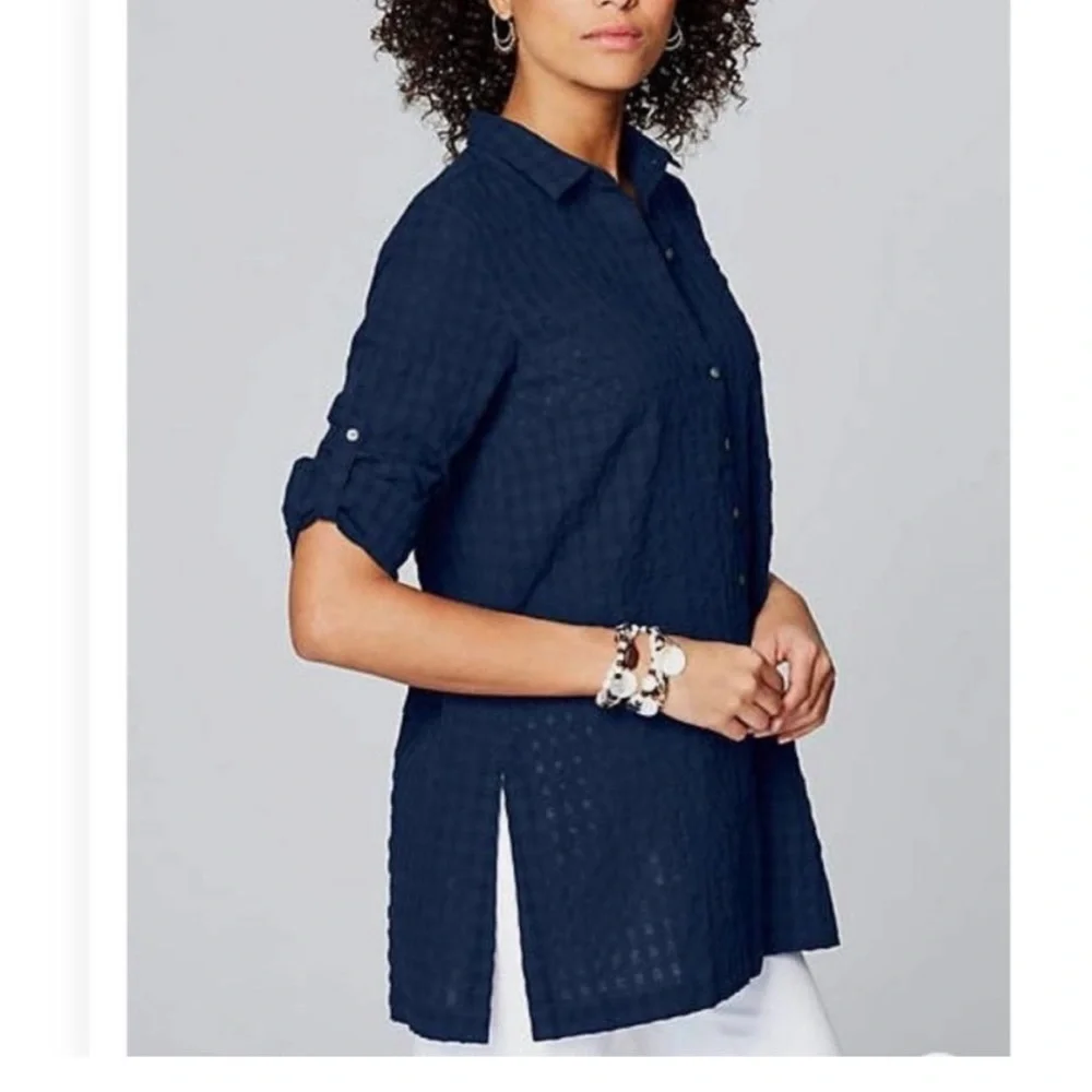 J Jill Button Up Tunic Top Gauze Textured Navy Blue Cotton 3X Roll Tab Sleeves - Picture 3 of 4